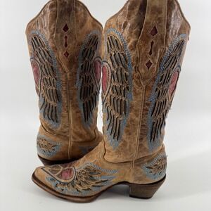 Corral VTG Heart Angel Wings Peace Sign Western Cowboy Boots Women Snip Toe Sz 7